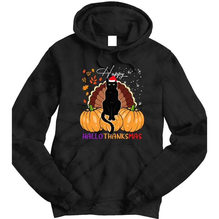 Black Cat Santa Hat Happy Hallothanksmas Pumpkin Season Tie Dye Hoodie