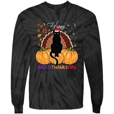 Black Cat Santa Hat Happy Hallothanksmas Pumpkin Season Tie-Dye Long Sleeve Shirt