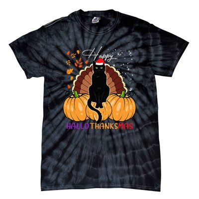 Black Cat Santa Hat Happy Hallothanksmas Pumpkin Season Tie-Dye T-Shirt