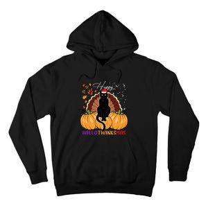 Black Cat Santa Hat Happy Hallothanksmas Pumpkin Season Tall Hoodie