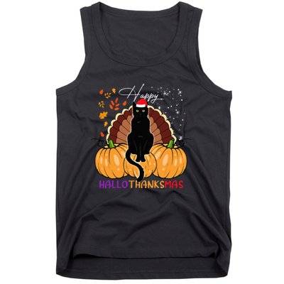 Black Cat Santa Hat Happy Hallothanksmas Pumpkin Season Tank Top