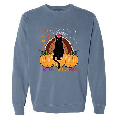 Black Cat Santa Hat Happy Hallothanksmas Pumpkin Season Garment-Dyed Sweatshirt