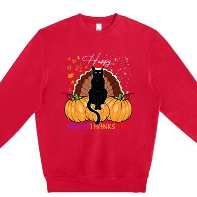 Black Cat Santa Hat Happy Hallothanksmas Pumpkin Season Premium Crewneck Sweatshirt