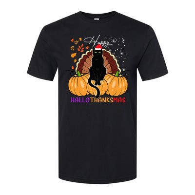 Black Cat Santa Hat Happy Hallothanksmas Pumpkin Season Softstyle CVC T-Shirt