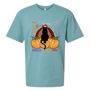 Black Cat Santa Hat Happy Hallothanksmas Pumpkin Season Sueded Cloud Jersey T-Shirt