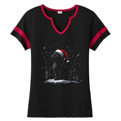 Black Cat Santa Hat Christmas Xmas Kitten Ladies Halftime Notch Neck Tee