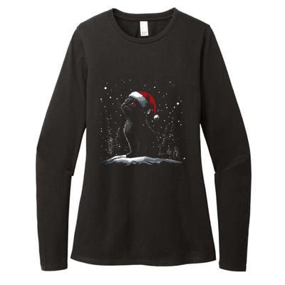 Black Cat Santa Hat Christmas Xmas Kitten Womens CVC Long Sleeve Shirt