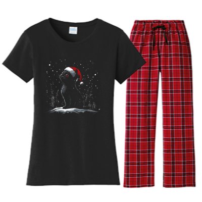 Black Cat Santa Hat Christmas Xmas Kitten Women's Flannel Pajama Set