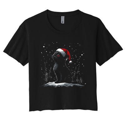 Black Cat Santa Hat Christmas Xmas Kitten Women's Crop Top Tee