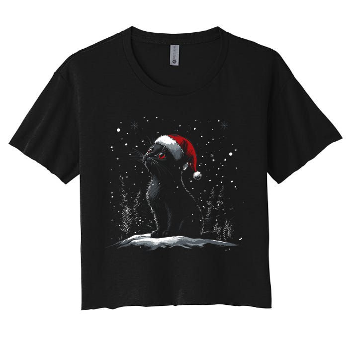 Black Cat Santa Hat Christmas Xmas Kitten Women's Crop Top Tee