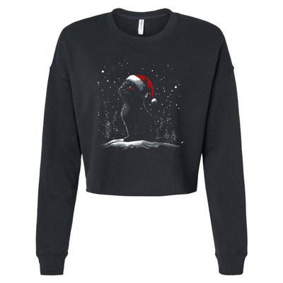 Black Cat Santa Hat Christmas Xmas Kitten Cropped Pullover Crew