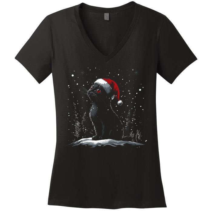 Black Cat Santa Hat Christmas Xmas Kitten Women's V-Neck T-Shirt