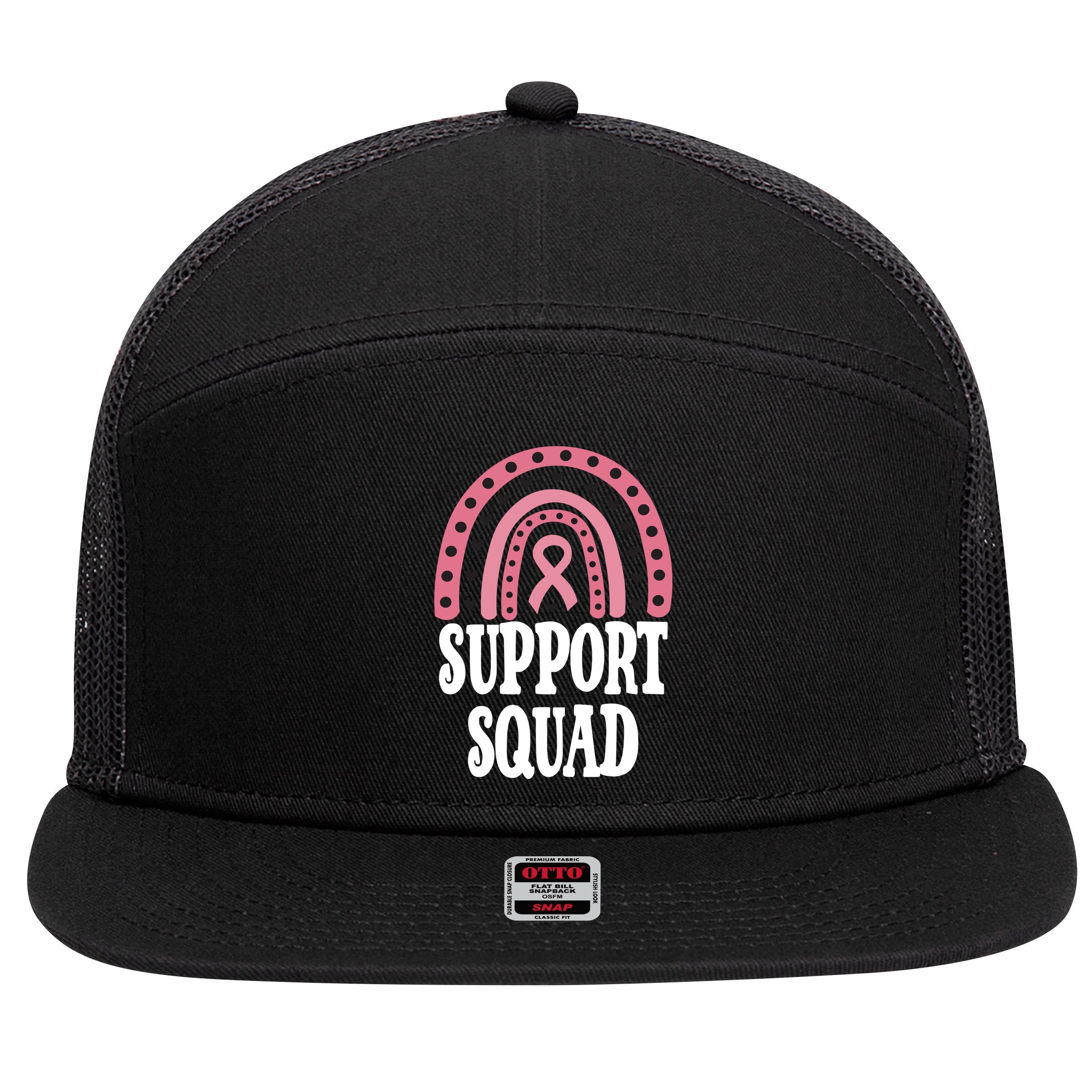 Breast Cancer Support Squad Rainbow Ribbon 7 Panel Mesh Trucker Snapback Hat