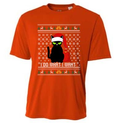 Black Cat Santa Hat I Do What I Want Ugly Christmas Sweater Gift Cooling Performance Crew T-Shirt