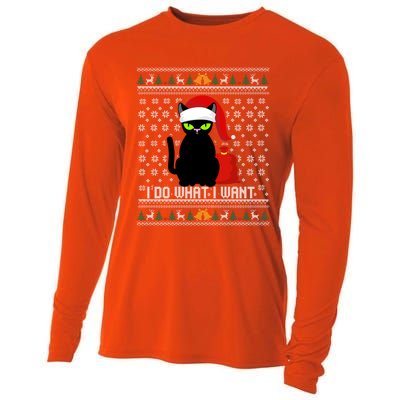 Black Cat Santa Hat I Do What I Want Ugly Christmas Sweater Gift Cooling Performance Long Sleeve Crew