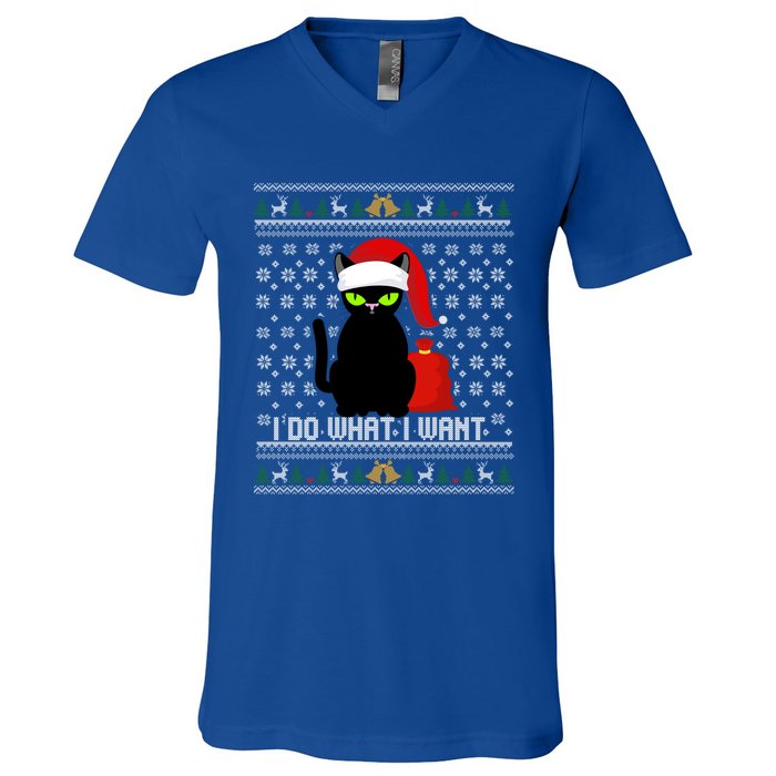 Black Cat Santa Hat I Do What I Want Ugly Christmas Sweater Gift V-Neck T-Shirt