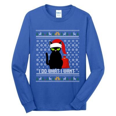 Black Cat Santa Hat I Do What I Want Ugly Christmas Sweater Gift Tall Long Sleeve T-Shirt