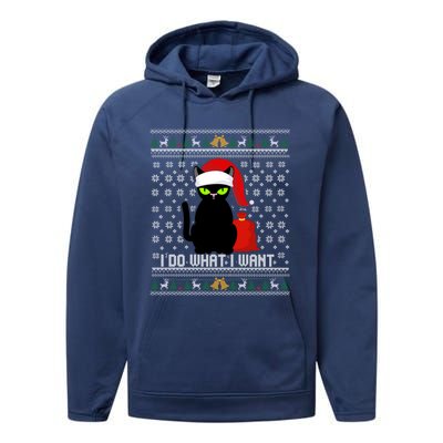 Black Cat Santa Hat I Do What I Want Ugly Christmas Sweater Gift Performance Fleece Hoodie