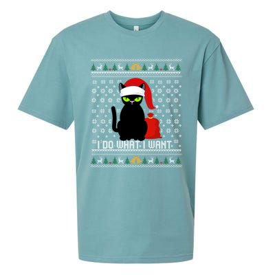 Black Cat Santa Hat I Do What I Want Ugly Christmas Sweater Gift Sueded Cloud Jersey T-Shirt