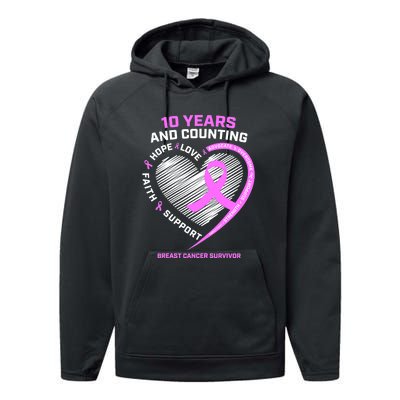 Breast Cancer Survivor 10 Year For Women Cancer Performance Fleece Hoodie