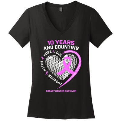 Breast Cancer Survivor 10 Year For Women Cancer Women's V-Neck T-Shirt