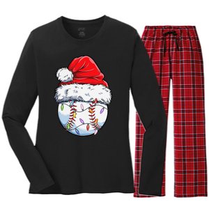 Baseball Christmas Santa Hat Funny Baseball Xmas Holiday  Women's Long Sleeve Flannel Pajama Set 