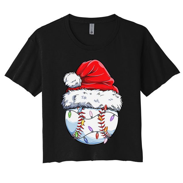 Baseball Christmas Santa Hat Funny Baseball Xmas Holiday  Women's Crop Top Tee