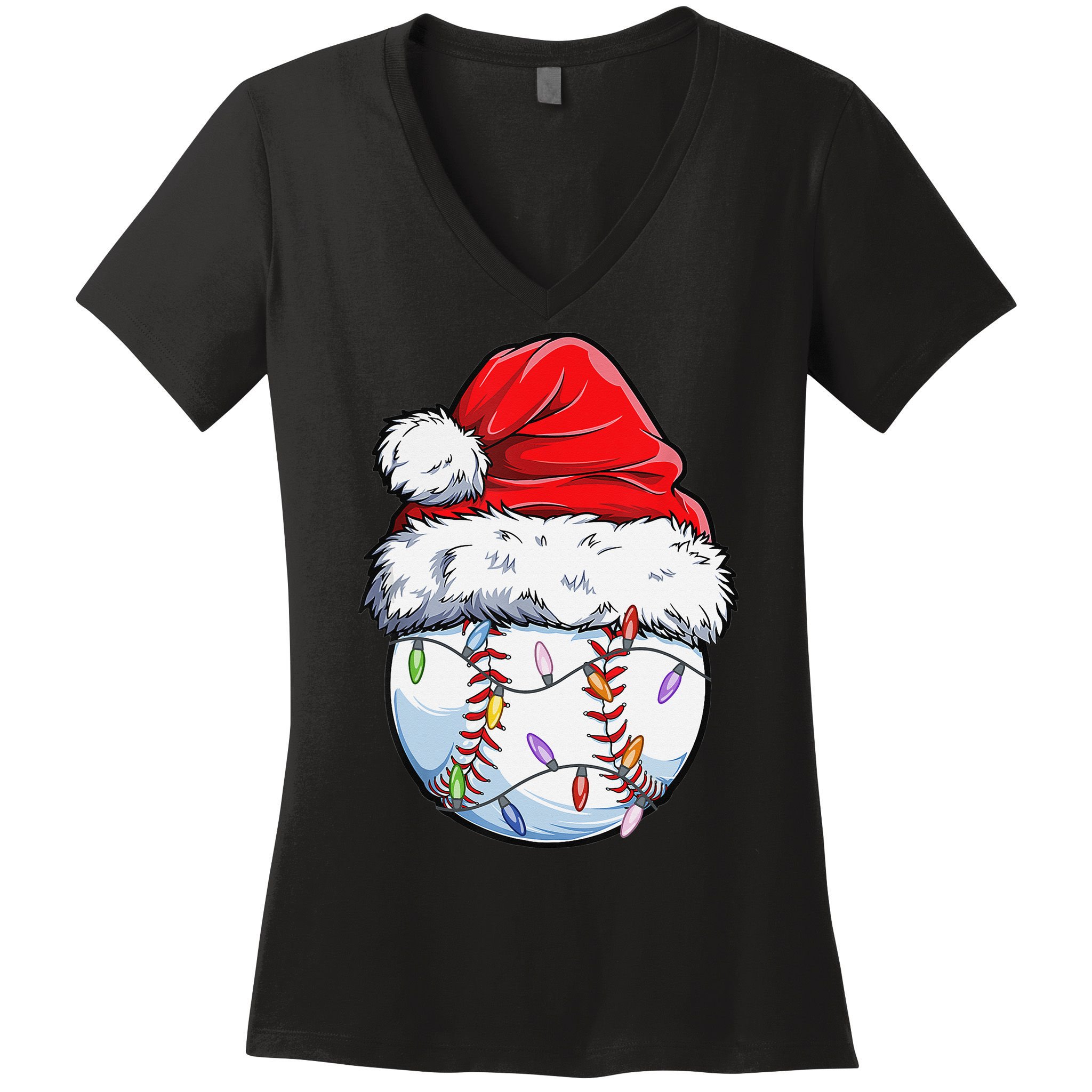 Baseball Christmas Santa Hat Funny Baseball Xmas Holiday  Women's V-Neck T-Shirt