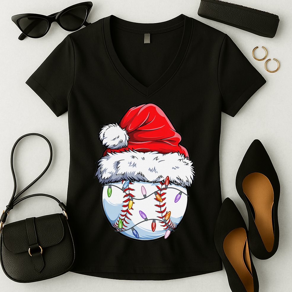 Baseball Christmas Santa Hat Funny Baseball Xmas Holiday  Women's V-Neck T-Shirt