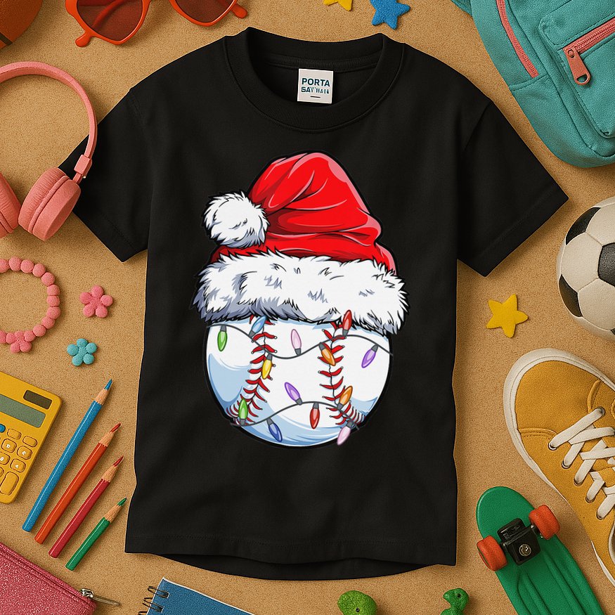 Baseball Christmas Santa Hat Funny Baseball Xmas Holiday  Kids T-Shirt