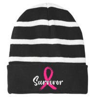 Breast Cancer Survivor Pink Ribbon Breast Cancer Awareness Striped Beanie with Solid Band