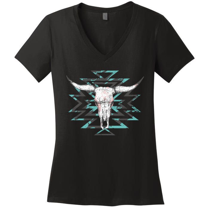 Boho Cow Skull Women's V-Neck T-Shirt