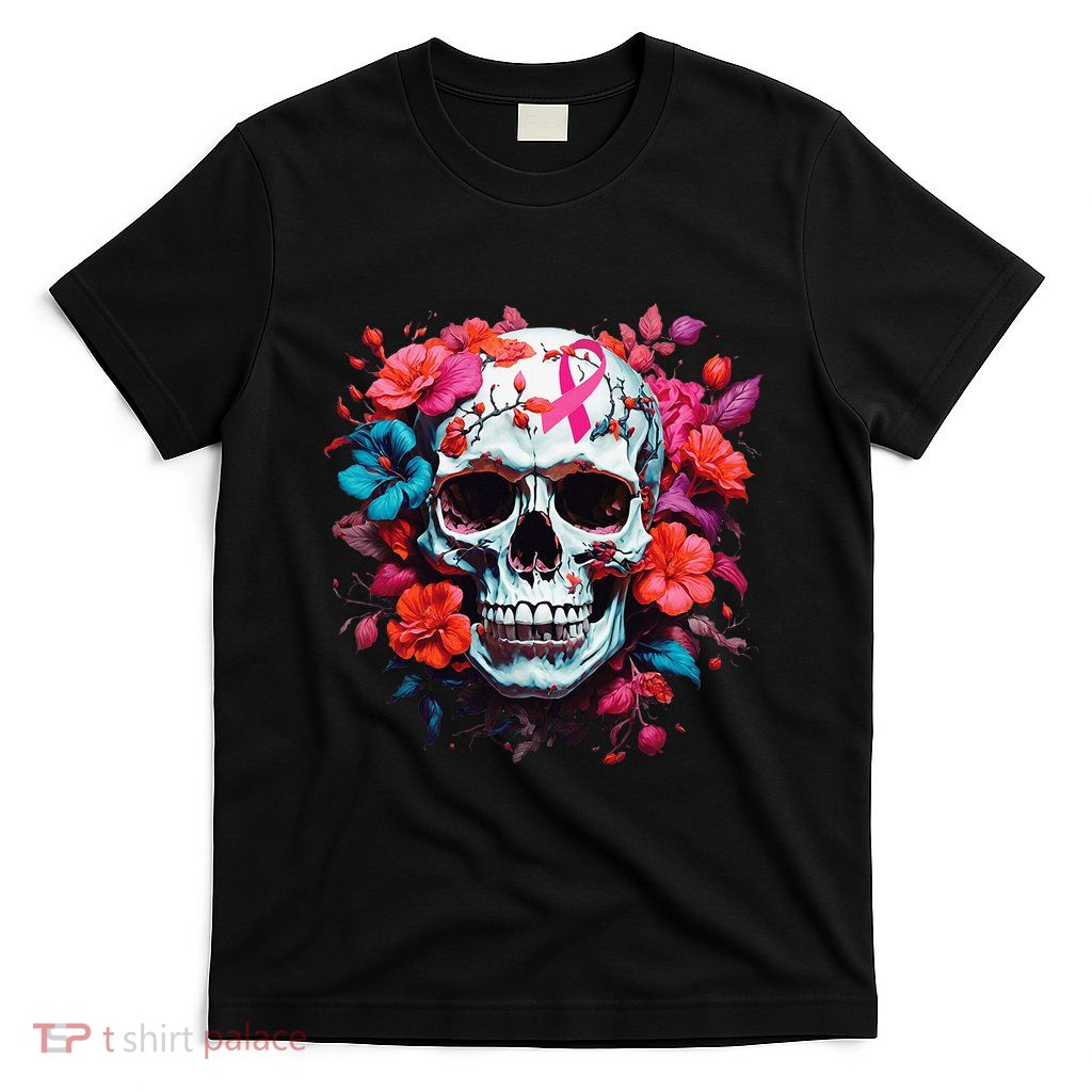 Breast Cancer Skull For Women Sugar Skull Pink Ribbon T-Shirt