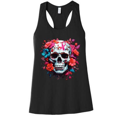 Breast Cancer Skull For Women Sugar Skull Pink Ribbon Women's Racerback Tank