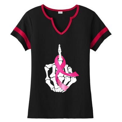 Breast Cancer Skeleton Hand Fuck Pink Funny Awareness Ladies Halftime Notch Neck Tee