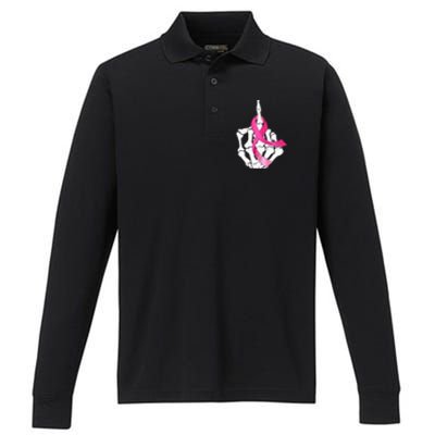 Breast Cancer Skeleton Hand Fuck Pink Funny Awareness Performance Long Sleeve Polo