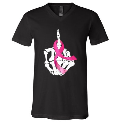 Breast Cancer Skeleton Hand Fuck Pink Funny Awareness V-Neck T-Shirt