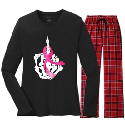 Breast Cancer Skeleton Hand Fuck Pink Funny Awareness Women's Long Sleeve Flannel Pajama Set 