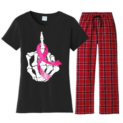 Breast Cancer Skeleton Hand Fuck Pink Funny Awareness Women's Flannel Pajama Set