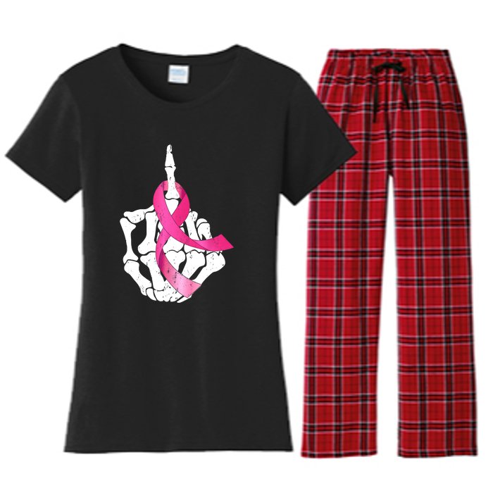 Breast Cancer Skeleton Hand Fuck Pink Funny Awareness Women's Flannel Pajama Set