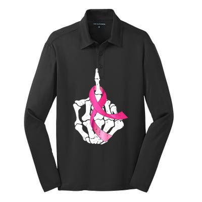 Breast Cancer Skeleton Hand Fuck Pink Funny Awareness Silk Touch Performance Long Sleeve Polo