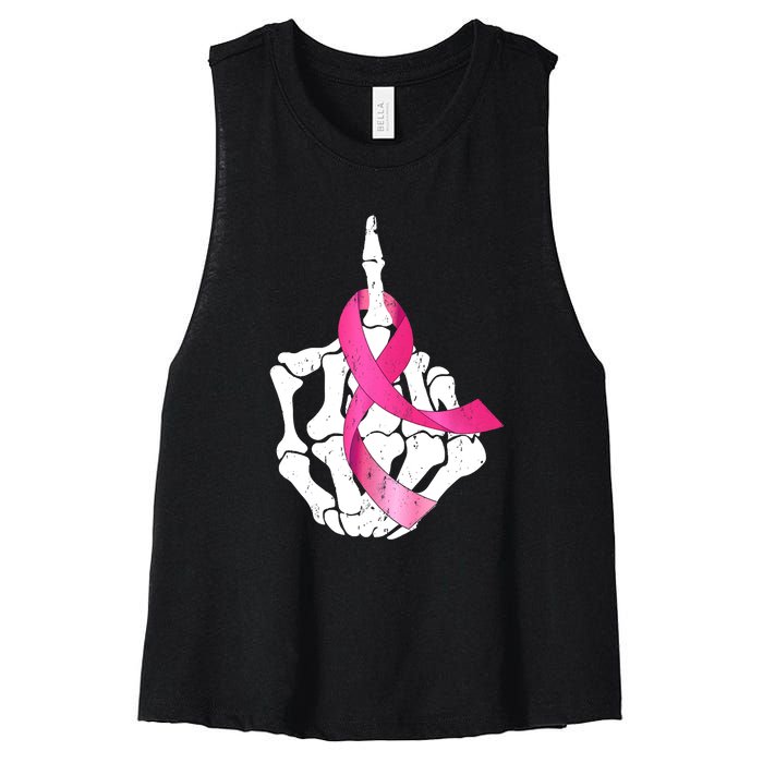 Breast Cancer Skeleton Hand Fuck Pink Funny Awareness Women's Racerback Cropped Tank