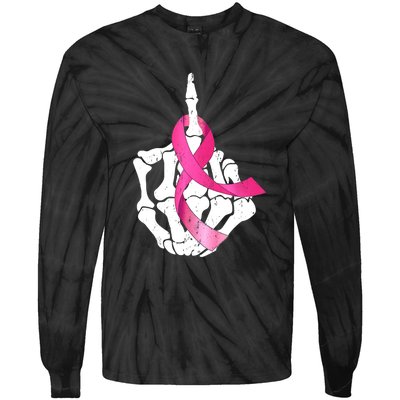 Breast Cancer Skeleton Hand Fuck Pink Funny Awareness Tie-Dye Long Sleeve Shirt