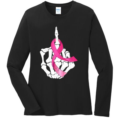 Breast Cancer Skeleton Hand Fuck Pink Funny Awareness Ladies Long Sleeve Shirt