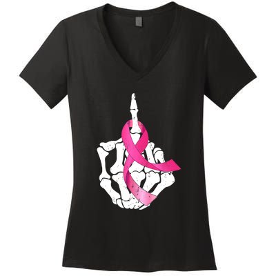 Breast Cancer Skeleton Hand Fuck Pink Funny Awareness Women's V-Neck T-Shirt