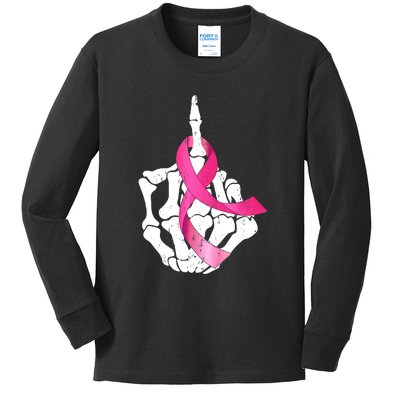 Breast Cancer Skeleton Hand Fuck Pink Funny Awareness Kids Long Sleeve Shirt