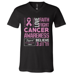 Breast Cancer Strength Courage and Faith V-Neck T-Shirt