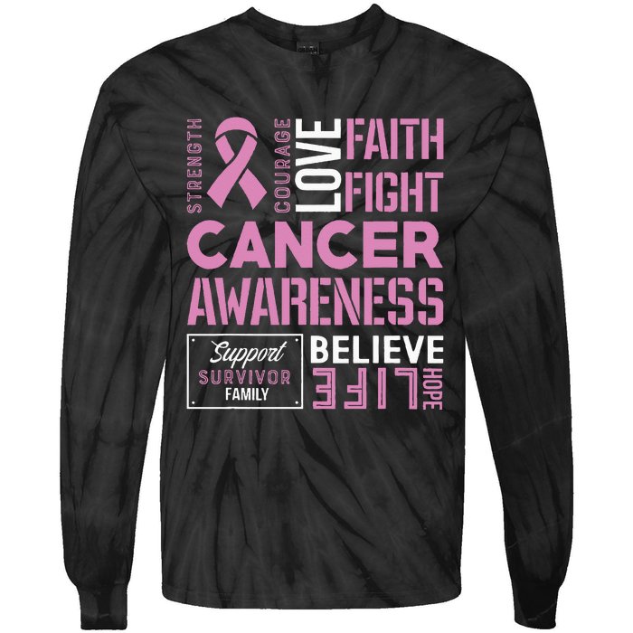 Breast Cancer Strength Courage and Faith Tie-Dye Long Sleeve Shirt