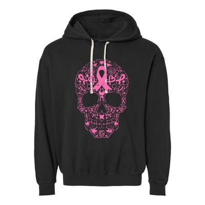 Breast Cancer Sugar Skull Pink Ribbon Calavera Garment-Dyed Fleece Hoodie