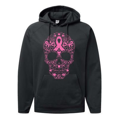 Breast Cancer Sugar Skull Pink Ribbon Calavera Performance Fleece Hoodie